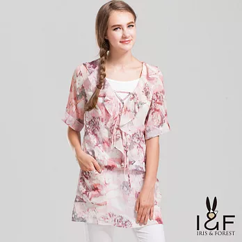 【INF】輕柔荷葉邊V領收腰長版上衣14074S粉花