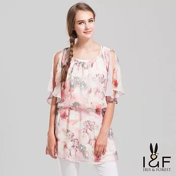 【INF】圓領收腰雪紡氣質短洋裝14104S粉花