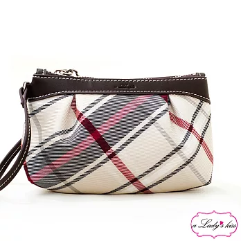 【a Lady ’s真皮】花漾新格紋拉鍊萬用包(2色)優雅米杏