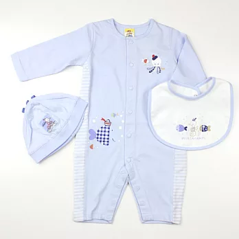 【愛的世界】MY BABY小小魚兒純棉長袖衣連褲套組三件組(不附禮盒) /3~6個月-台灣製-3M淺藍色