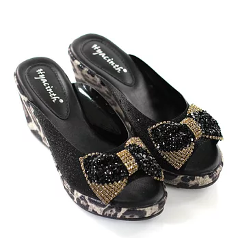 ◤Green Phoenix◥蝴蝶結漸層鑽飾豹紋厚底楔型拖鞋 35黑色