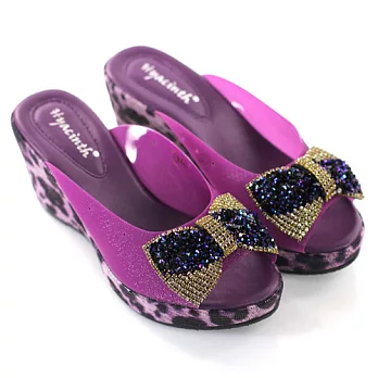 ◤Green Phoenix◥蝴蝶結漸層鑽飾豹紋厚底楔型拖鞋 34紫色