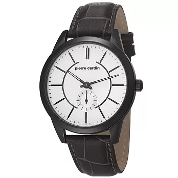 pierre cardin皮爾卡登 城市之光小秒盤皮帶錶-白x深咖啡