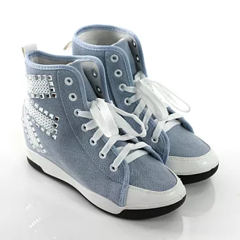 ◤Green Phoenix◥搶眼水鑽設計高筒內增高帆布休閒球鞋36藍色