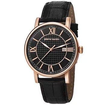 pierre cardin皮爾卡登 煦光夢迴菱格紋皮帶錶-玫瑰金X黑