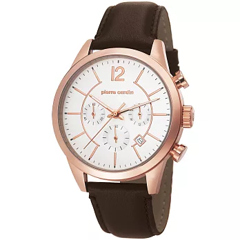 pierre cardin皮爾卡登 精粹主義計時皮帶錶-玫瑰金X咖啡