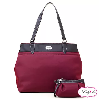 【a Lady ’s真皮】娜娜極簡牛津斜紋雙款托特包+拉錬包二件組(瀲紅)