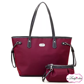 【a Lady ’s真皮】牛津文青極簡托特包+拉鍊包二件組(瀲紅)