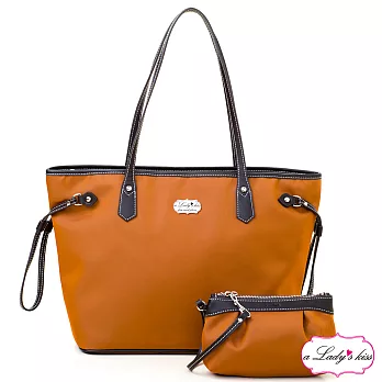 【a Lady ’s真皮】牛津文青極簡托特包+拉鍊包二件組(彩橘)