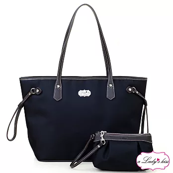【a Lady ’s真皮】牛津文青極簡托特包+拉鍊包二件組(柔黑)