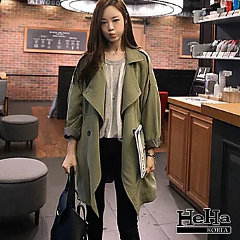 外套 韓系寬鬆中長款大翻領風衣外套 軍綠-HeHa-M*