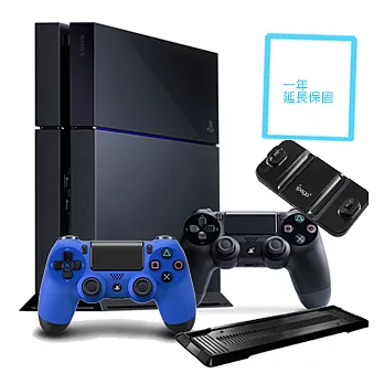 PS4 500G 單機黑+第二之手把+ 副廠雙手充電座+副廠直立架加碼送一年延長保固卡（專）手把藍