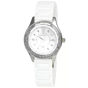 MANGO 貴氣佳人晶鑽陶瓷腕錶-粉+白