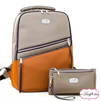 a Lady’s 真皮 輕優雅拼色萬能隔層後背包二件組(香檳橘)