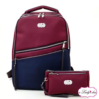 a Lady’s 真皮 輕優雅拼色萬能隔層後背包二件組(自由紅藍)