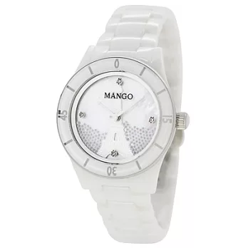 MANGO 迷戀巴黎之心晶鑽陶瓷腕錶-白