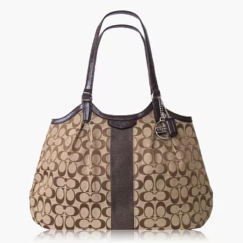 COACH織布皮飾邊手提/肩背托特包_卡其/咖啡