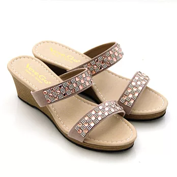 ◤Green Phoenix◥優雅細緻方形水鑽楔型涼拖鞋24.5米色