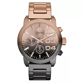 DIESEL 強悍自我時尚三眼計時腕錶-玫瑰金漸層灰