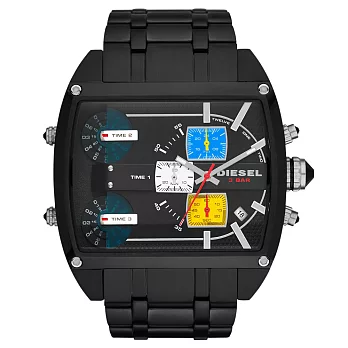 DIESEL 硬漢革命三時區方形計時腕錶-黑x三彩