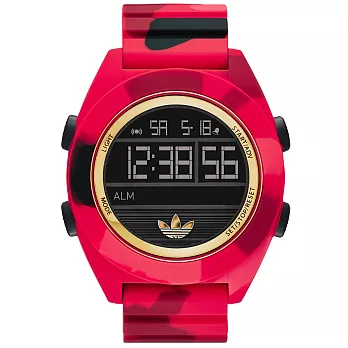 adidas 線條創造三葉圓框數位迷彩腕錶-紅x金框