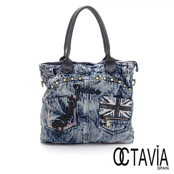 【Octavia 8 真皮】搖滾萬歲 塗鴉拼貼牛仔大包 - 裙子藍裙子藍