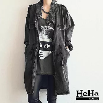 外套 韓版牛仔立領抽繩長版外套-HeHa-M*