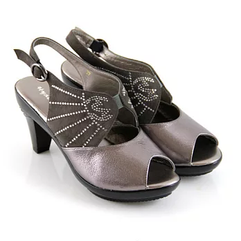 ◤Green Phoenix◥都會奢華水鑽繫踝魚口粗跟涼鞋34鐵灰