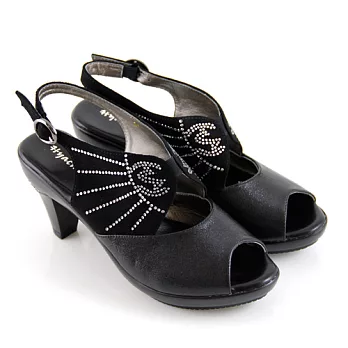 ◤Green Phoenix◥都會奢華水鑽繫踝魚口粗跟涼鞋35黑色