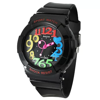 《SANDA》234繽紛年代漾彩指針日式腕錶(黑色-黑面)