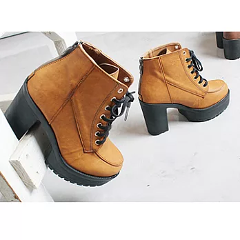 ezwalking{韓國女鞋}車線繫帶厚底高跟鞋-黑、駝