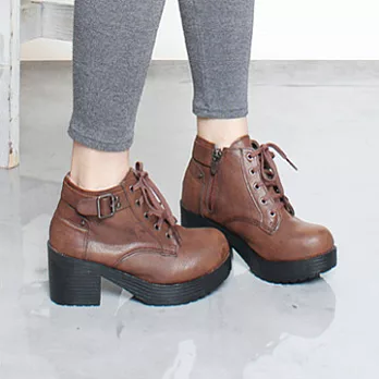 ezwalking{韓國女鞋}圓頭扣環厚底高跟鞋-黑、棕、綠