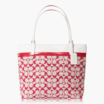 COACH高質感 織布雙色皮飾邊肩背托特包(中款)_橘/白