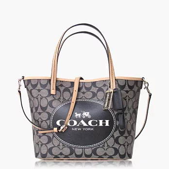 COACH 十字紋防刮皮革肩背兩用托特包(中型)_黑灰色