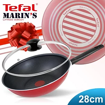 【Tefal】法國特福緞帶紅系列28CM不沾小炒鍋+玻璃蓋