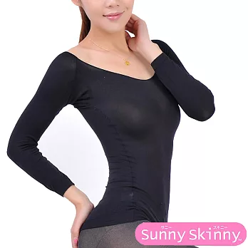 日本【sunny skinny】超薄保暖發熱內衣/衛生衣_7分袖FREE黑