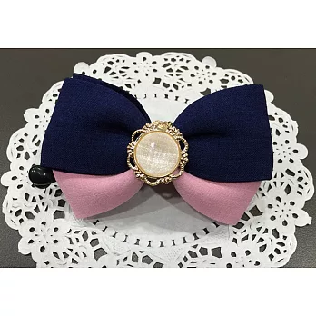 【Kelly凱莉正韓】韓國進口髮夾-雙色韓國布料寶石蝴蝶結髮夾/髮飾/香蕉夾/(四色可挑選)粉紅+深藍