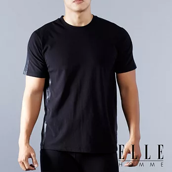 ELLE HOMME 皮紋萊卡剪接短袖T恤_黑M黑色