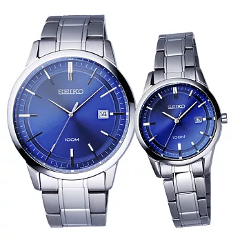 SEIKO 極致經典日期都會腕錶-藍X銀(對錶)