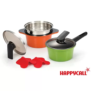 【UH】韓國HAPPYCALL - 彩色陶瓷不沾鍋特惠組A款 (18cm單柄鍋+20cm雙耳鍋+不鏽鋼蒸籠+矽膠隔熱把手墊)