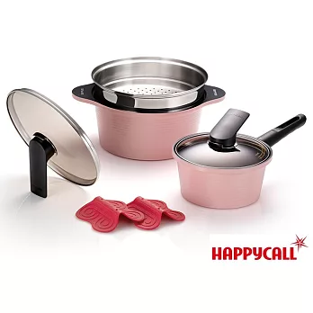 【UH】韓國HAPPYCALL - 陶瓷雙鍋特惠組C款 (18cm單柄鍋+20cm雙耳鍋+不鏽鋼蒸籠+矽膠隔熱把手墊)