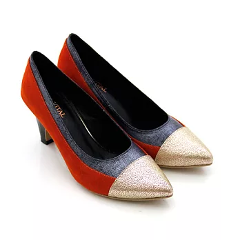 BIS-VITAL 皮革撞色絨毛進口小羊皮尖頭高跟鞋35金色