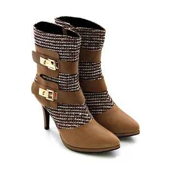 BIS-VITAL 進口油蠟皮革拼接菱格針織香奈兒款高跟短靴35駱駝