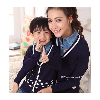[親子裝]SY學院風深藍V領圓點前開衫親子裝情侶裝(小孩)90深藍