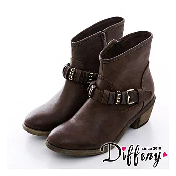 Diffeny率性魅力 金屬帶釦擦色粗跟短靴-咖 36