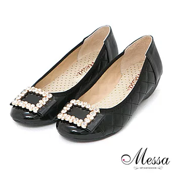 【Messa米莎】(MIT) 小香奢華感水鑽格菱紋內真皮楔型包鞋-兩色38黑色