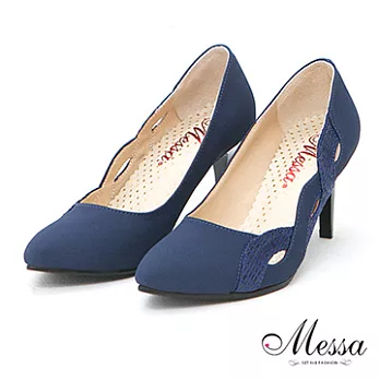 【Messa米莎】(MIT)典雅名媛波浪鏤空內真皮尖頭高跟鞋 - 兩色35藍色