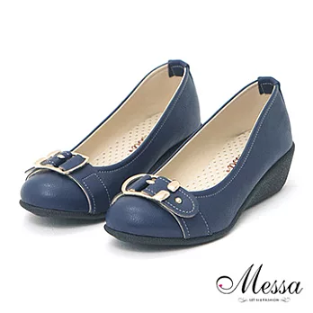 【Messa米莎】(MIT)相約第凡內輕熟感釦環造型楔型包鞋-兩色35藍色