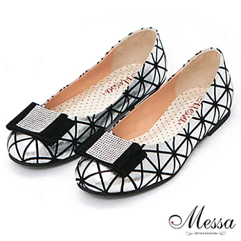 【Messa米莎】(MIT)華麗風水鑽菱線內真皮平底包鞋-三色35銀色