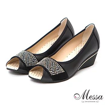 【Messa米莎】(MIT)法式優雅亮片內真皮魚口楔型鞋-兩色36黑色